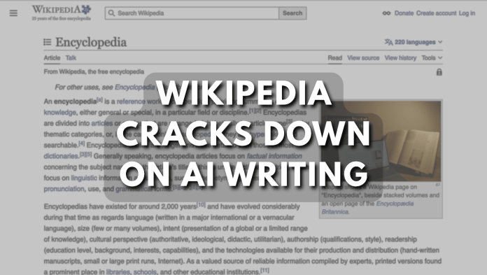 Graphic overlay on a Wikipedia interface background reading 