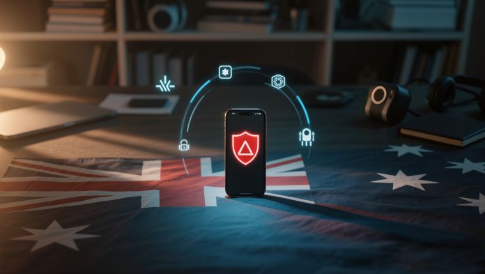 Smartphone displaying a red warning shield icon on an Australian flag with holographic AI app icons floating above