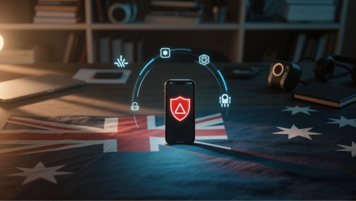 Smartphone displaying a red warning shield icon on an Australian flag with holographic AI app icons floating above