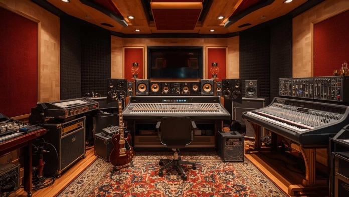 Empty recording studio with mixing desks and speakers, illustrating the AI copyright debate affecting Australian musicians and creators