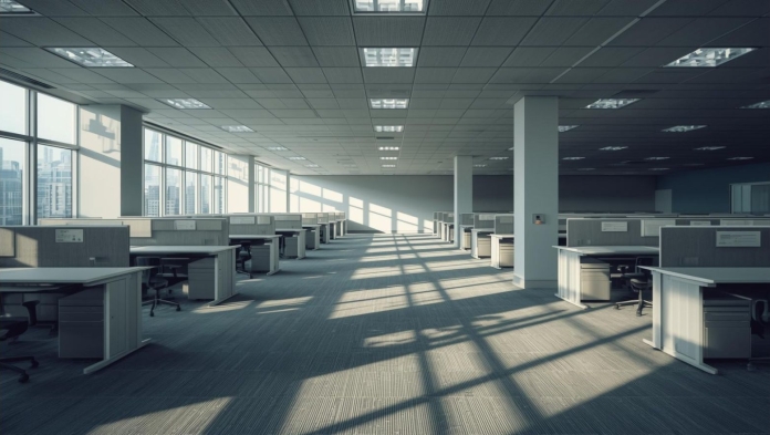 Empty modern office with rows of desks, illustrating AI-driven job cuts in the Australian tech sector