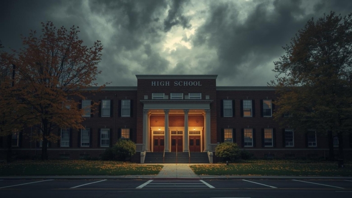 High school building under dark storm clouds, illustrating concerns about an AI divide in Australian schools