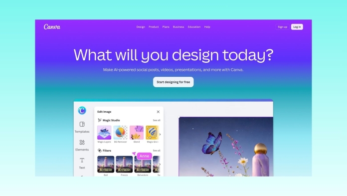 Screenshot of Canva’s homepage showing its AI-powered design tools and Magic Studio features