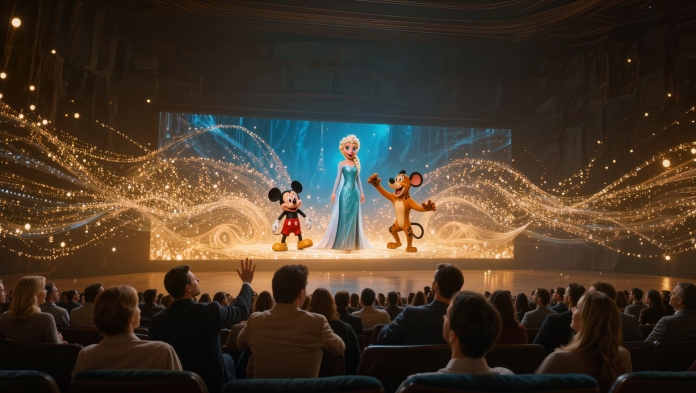 Elsa Mickey Mouse and Pluto on a glowing stage with golden digital swirls and an audience watching in a cinema