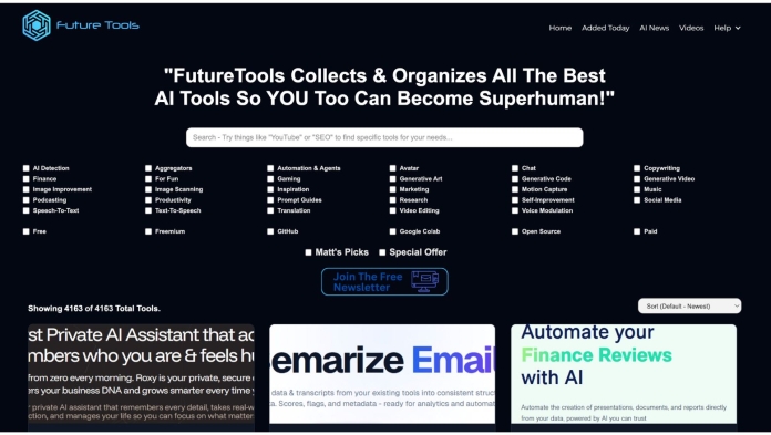 Future Tools website homepage showing AI tool categories search filters and curated directory of over 4000 AI tools