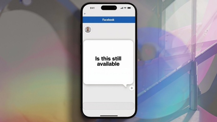 Smartphone displaying a Facebook Marketplace chat with the message “Is this still available?”