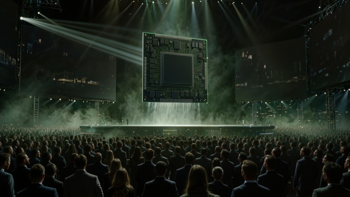 Massive GPU chip floating above a conference stage with green lighting and a packed audience watching in anticipation