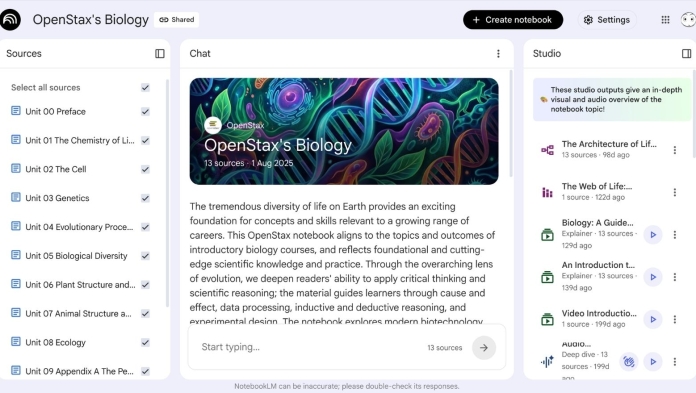 Screenshot of Google NotebookLM showing uploaded biology sources, chat tools and audio study features