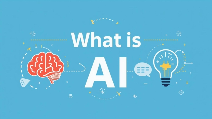 Colourful beginner-friendly graphic with the text What Is AI and simple icons of a brain lightbulb and chat bubble