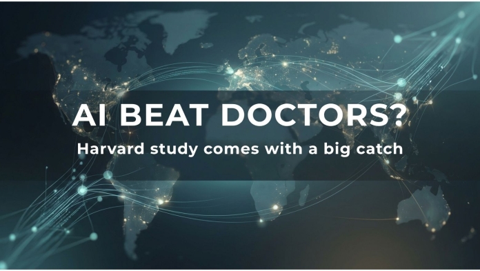 Global news banner reading “AI Beat Doctors?” with subheading “Harvard study comes with a big catch”