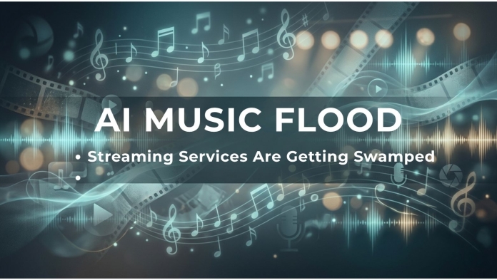 Entertainment news banner reading “AI Music Flood” with subheading “Streaming Services Are Getting Swamped”