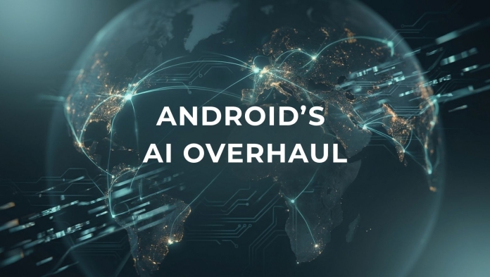 Global news banner reading “Android’s AI Overhaul” over a connected digital globe background