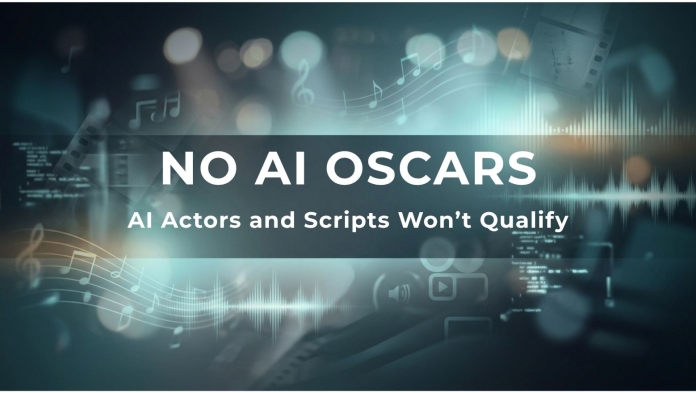 Entertainment news banner reading “No AI Oscars” with subheading “AI Actors and Scripts Won’t Qualify”
