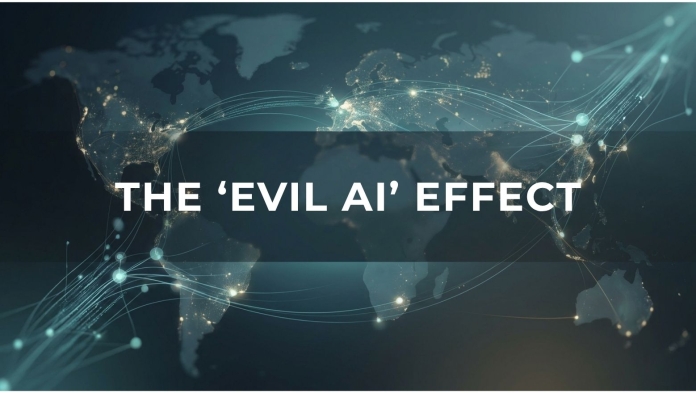 Global news banner reading “The ‘Evil AI’ Effect” over a connected world map background
