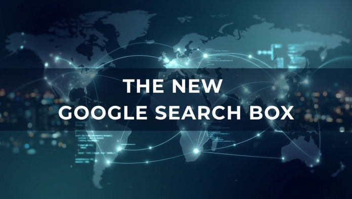 Global news banner reading “The New Google Search Box” over a connected digital world map background
