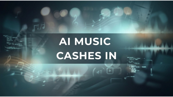 Entertainment news banner reading “AI Music Cashes In” over a music-themed background with notes, waveforms and media icons