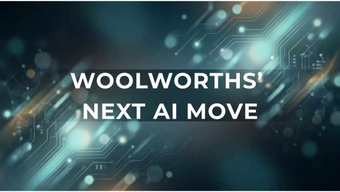 Australia news banner reading “Woolworths’ Next AI Move” over a digital circuit-style background