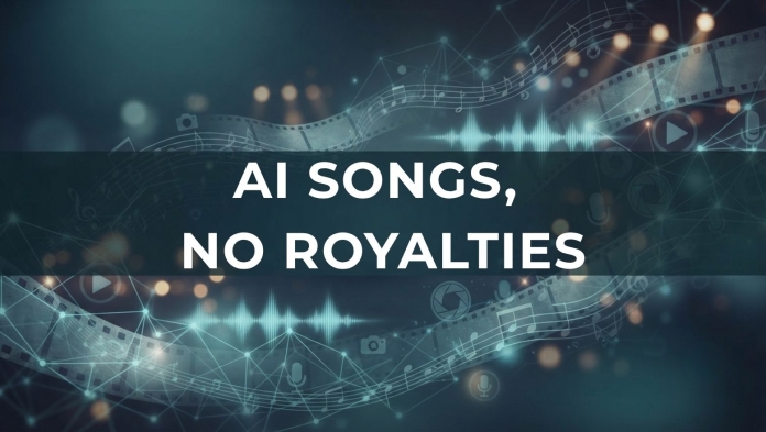 Entertainment news banner reading “AI Songs, No Royalties” over a music-themed background with waveforms, notes and media icons