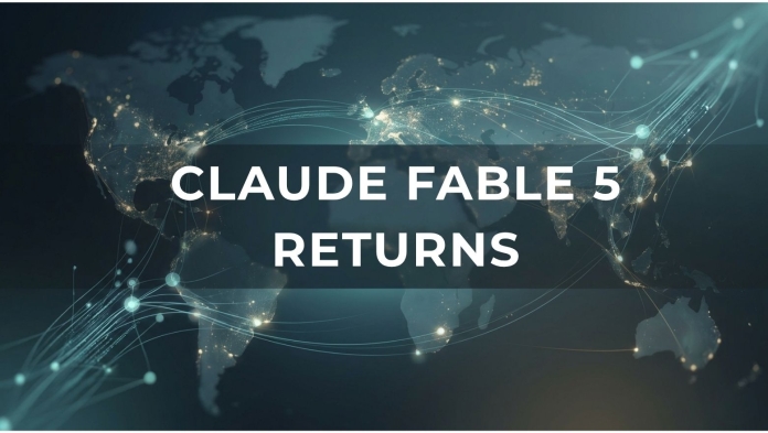 Global news banner reading “Claude Fable 5 Returns” over a connected digital world map background