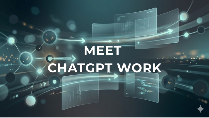 Tutorial banner reading “Meet ChatGPT Work” over an abstract digital workflow background with connected panels and arrows