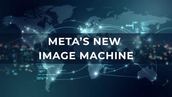 Global news banner reading “Meta’s New Image Machine” over a connected digital world map background