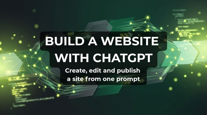 Banner reading “Build a Website With ChatGPT” and “Create, edit and publish a site from one prompt” over a green technology background with code and connected digital nodes.