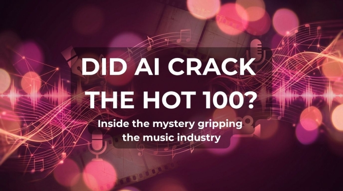 Banner reading “Did AI Crack the Hot 100?” over a pink and purple music-themed background with waveforms, microphones, notes and film graphics.