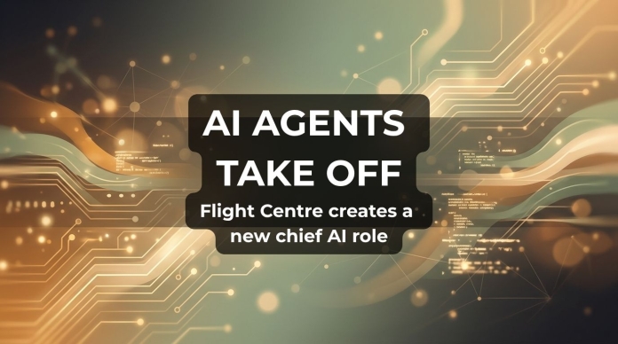 Banner reading “AI Agents Take Off” and “Flight Centre creates a new chief AI role” over a gold and green digital circuit-board background.