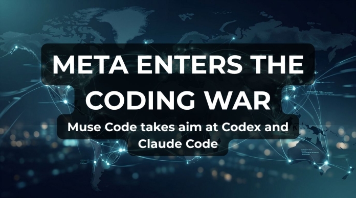 Banner reading “Meta Enters the Coding War” with the subheading “Muse Code takes aim at Codex and Claude Code” over a dark blue world map with glowing digital connections.